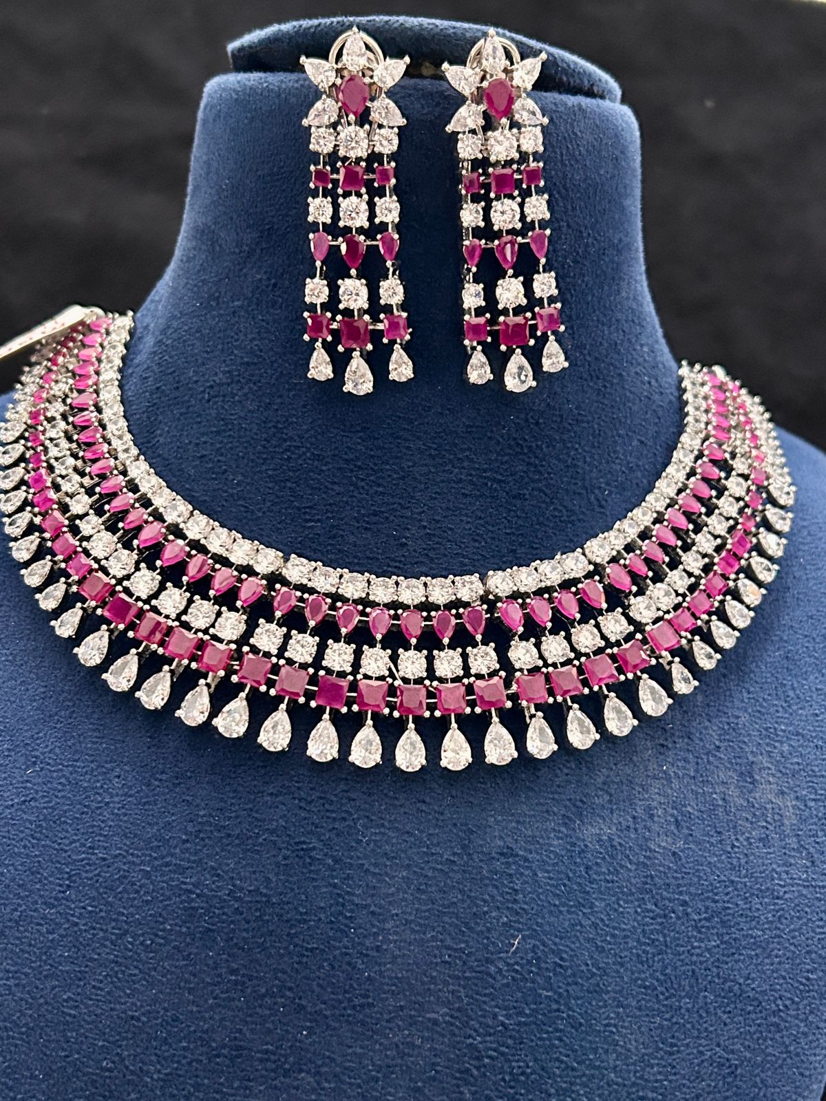 Ruby Elegance Diamond Look Necklace Set with Earrings